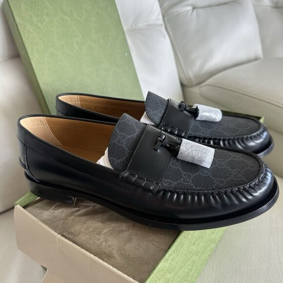 NEW GUCCI SUPREME TASSEL BLACK LEATHER & CANVAS MEN’S SHOES US 13 / 12 G $920 - Picture 5 of 10